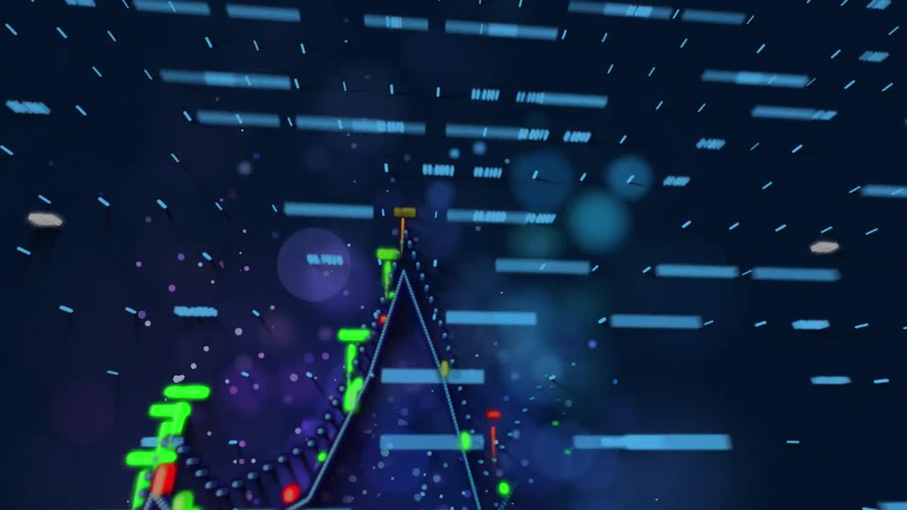 Animation of numbers changing and data processing with dots on dark background