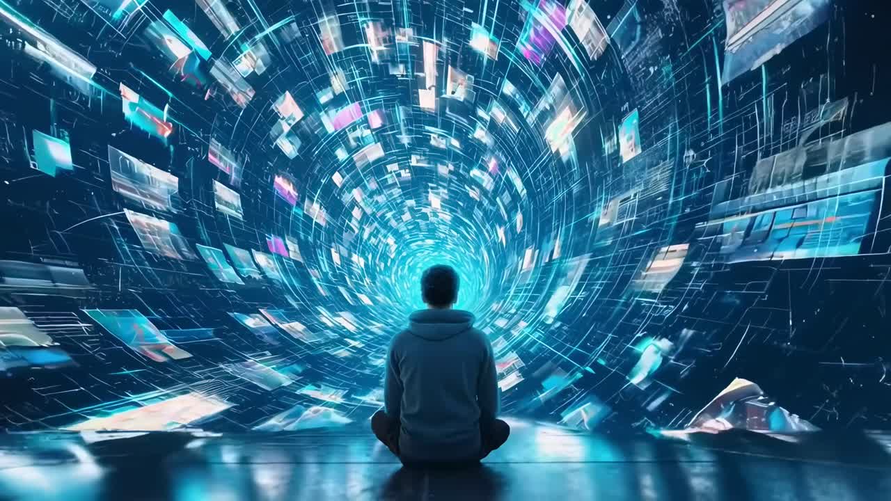 Futuristic video concept with a man seated, viewed from behind, surrounded by digital screens