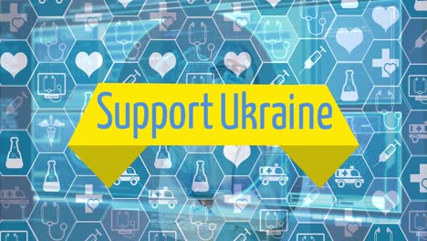 Animation-Von-Support-Ukraine-Texten-Mit-Medizinischen-Symbolen-Und-Datenverarbeitung-über-Einem-Arzt-Im-PSA-Anzug