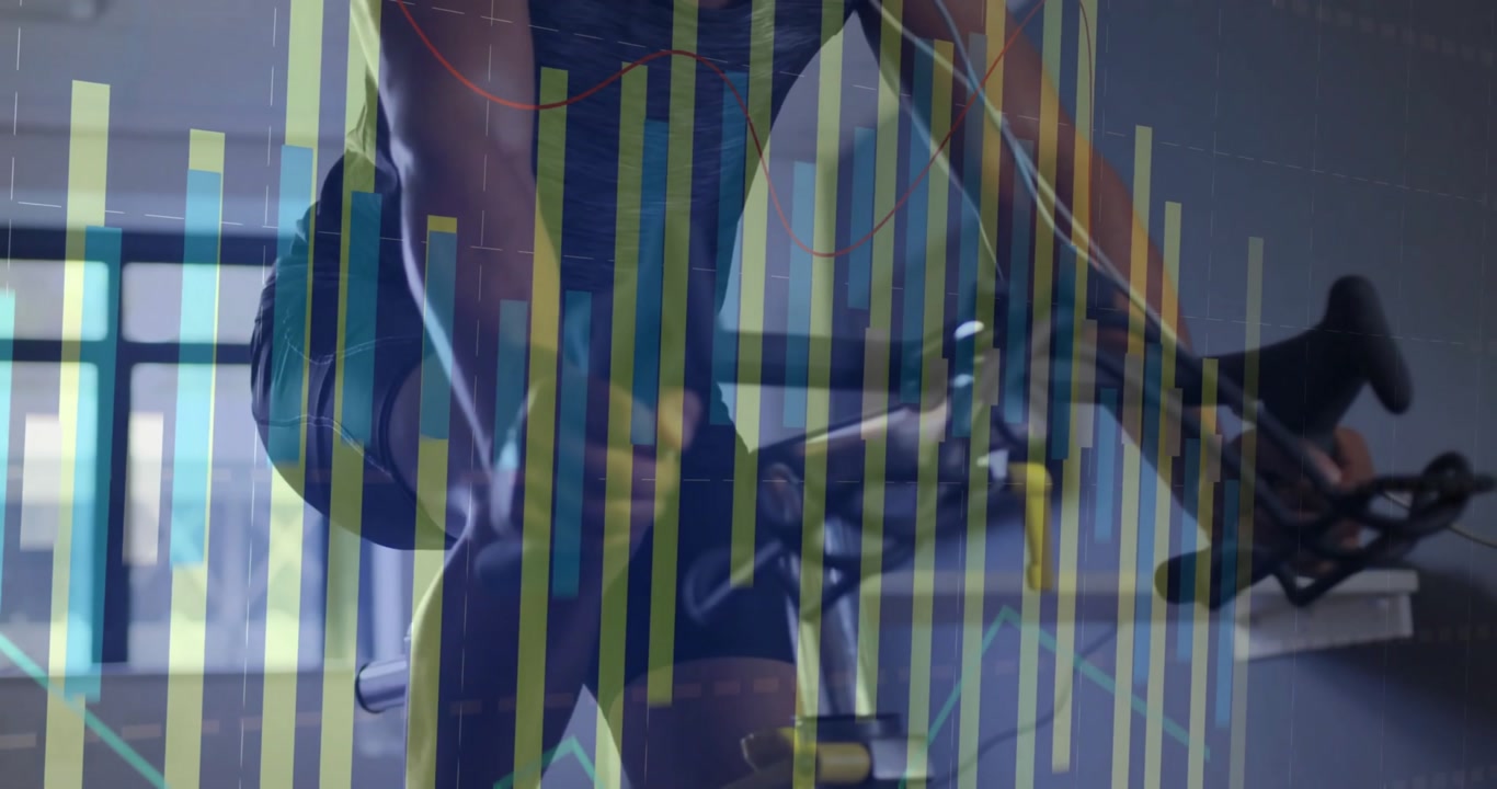 Male cyclist pedaling on stationary bike, activating fitness bar-graph overlays tracking cadence