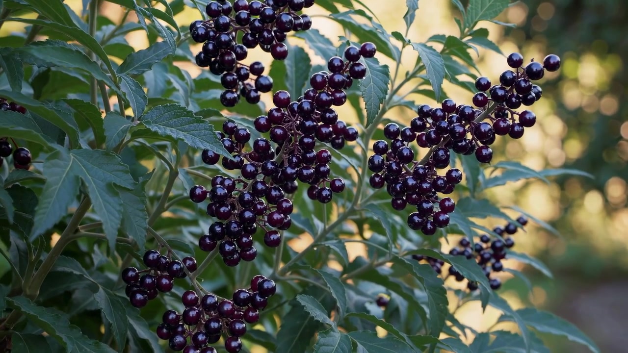 Gros plan sur des baies mûres violet foncé sur une plante verte