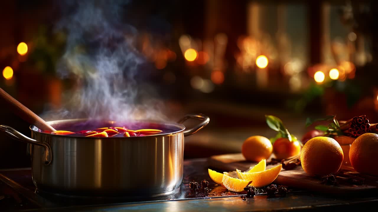 A Cozy Scene of Steaming Hot Beverage Preparing in a Pot, Surrounded by Fresh Oranges and Festive Lights, Creating a Warm Atmosphere for Enjoying Comforting Winter Flavors and Aromas