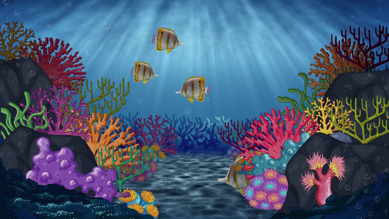 Animazione di una barriera corallina colorata con vita marina diversificata
