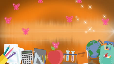 múltiples artículos escolares sobre globos rosados y estrellas brillantes con espacio de copia en un fondo naranja