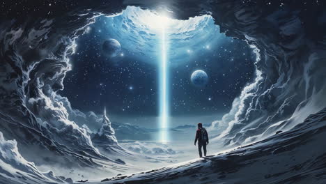 lone explorer in a cosmic ice cave