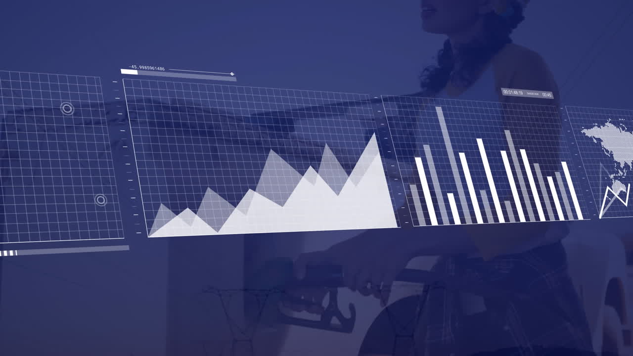 Animation of data processing over caucasian woman charging electric car