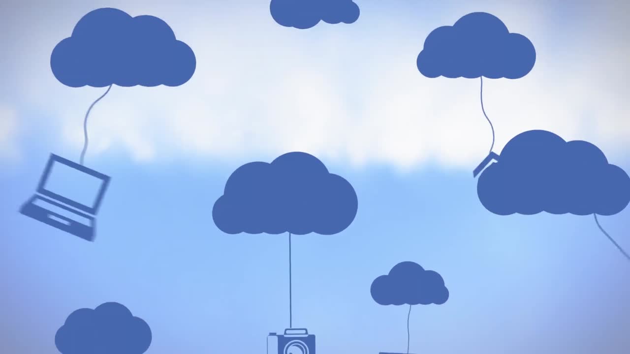 nube azul moviéndose con iconos de redes en fondo azul