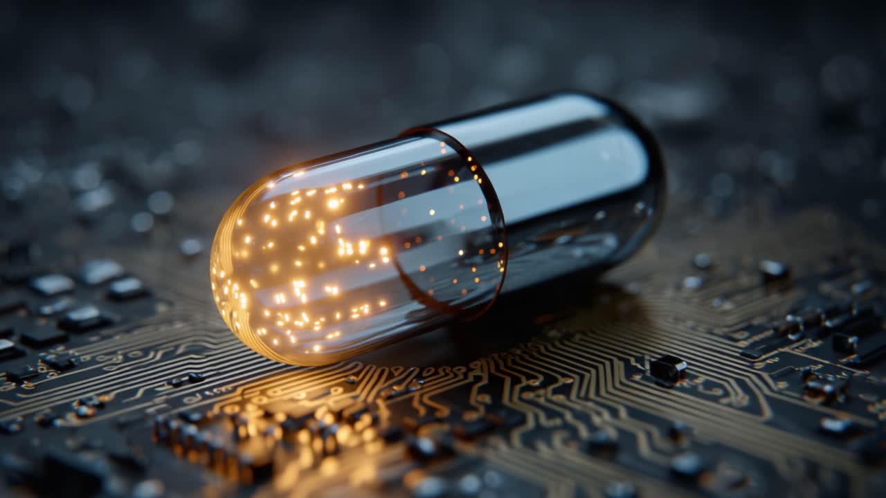 Futuristic Capsule on Circuit Board: A Glimpse into the Intersection of Technology and Medicine, Showcasing Innovation Through a High-Tech Pill Design