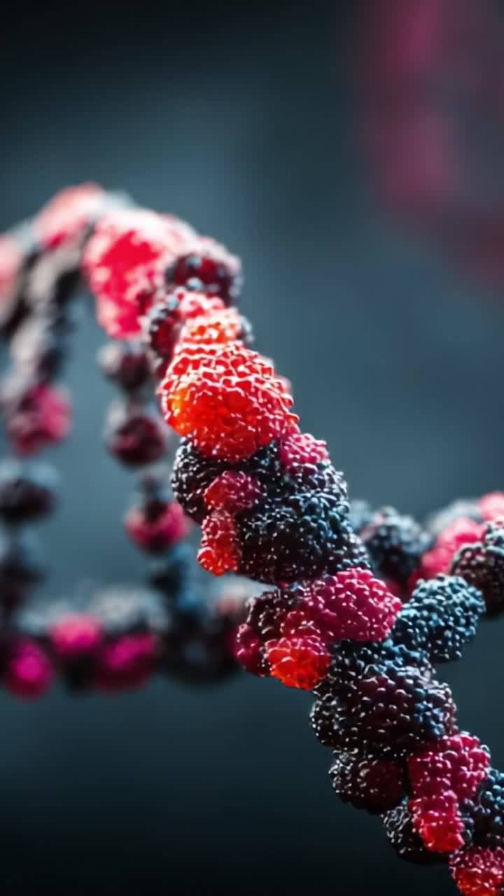 A Stunning Close-Up of a Colorful DNA Helix Created from Vivid Berries, Highlighting the Intricate Patterns and Vibrant Colors that Represent Genetic Information