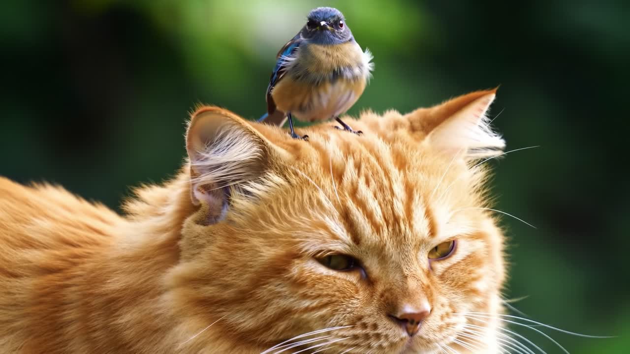 A Charming Encounter: A Colorful Bird Perched on the Head of a Relaxed Ginger Cat Amidst a Serene Natural Background