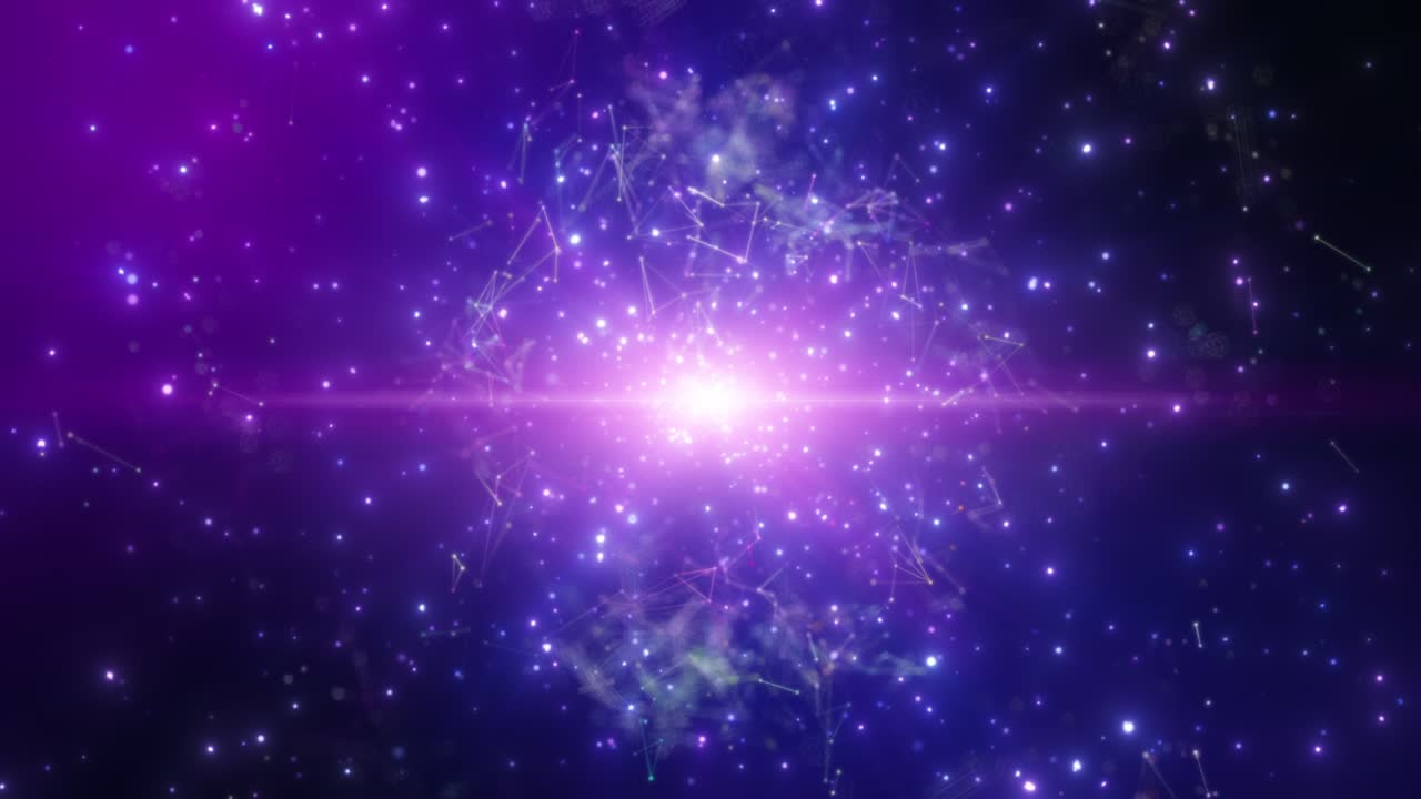 esplosione di particelle di polvere rosa viola blu, effetto di raggio luminoso.