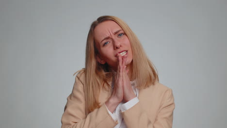 woman rubbing fingers show cash gesture demands to pay back the debt take loan do shopping begging