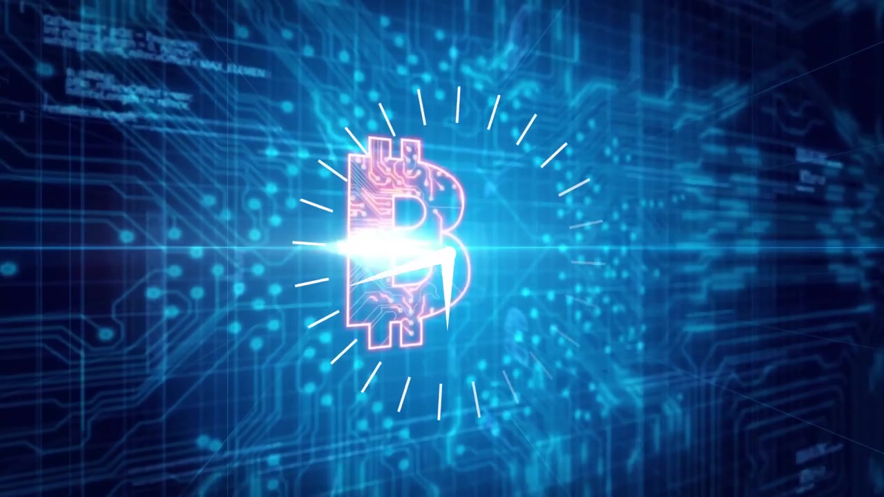 Et klart blåt punkt vises i en matrix, danner et ur med roterende visere, og bitcoin visualiserer kryptotid.
