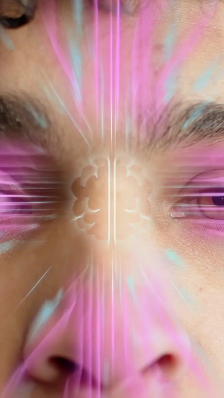 Vertical video: Man gazing, filter activating on face, animating brain, circuitry, code for AR demo