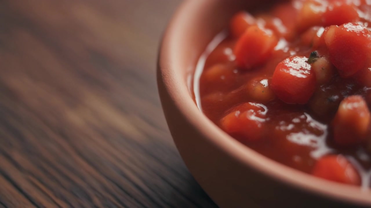 Primo piano di una ciotola di zuppa di pomodoro e verdure su un tavolo di legno.