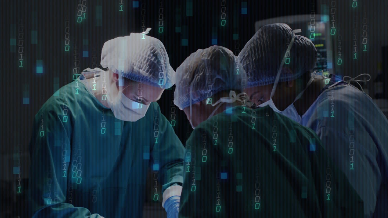 Performing surgery, surgeons using digital data processing animation in operating room