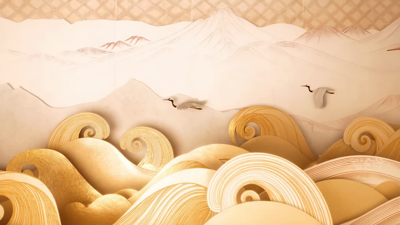 Illustration of cranes flying over waves near mountains
