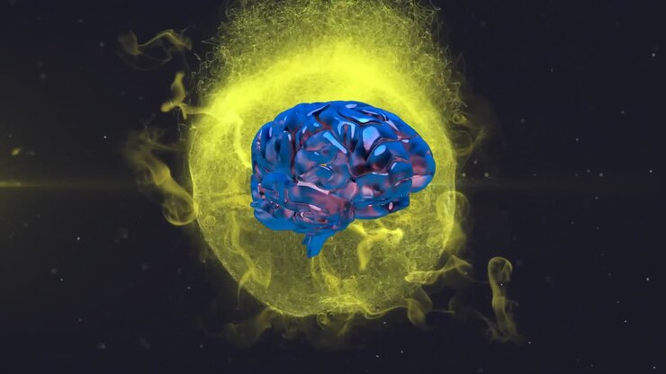 Cervello umano 3D che ruota su nuvole luminose di particelle sullo sfondo