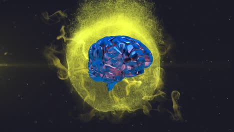 3d human brain rotating over glowing clouds of particles on background