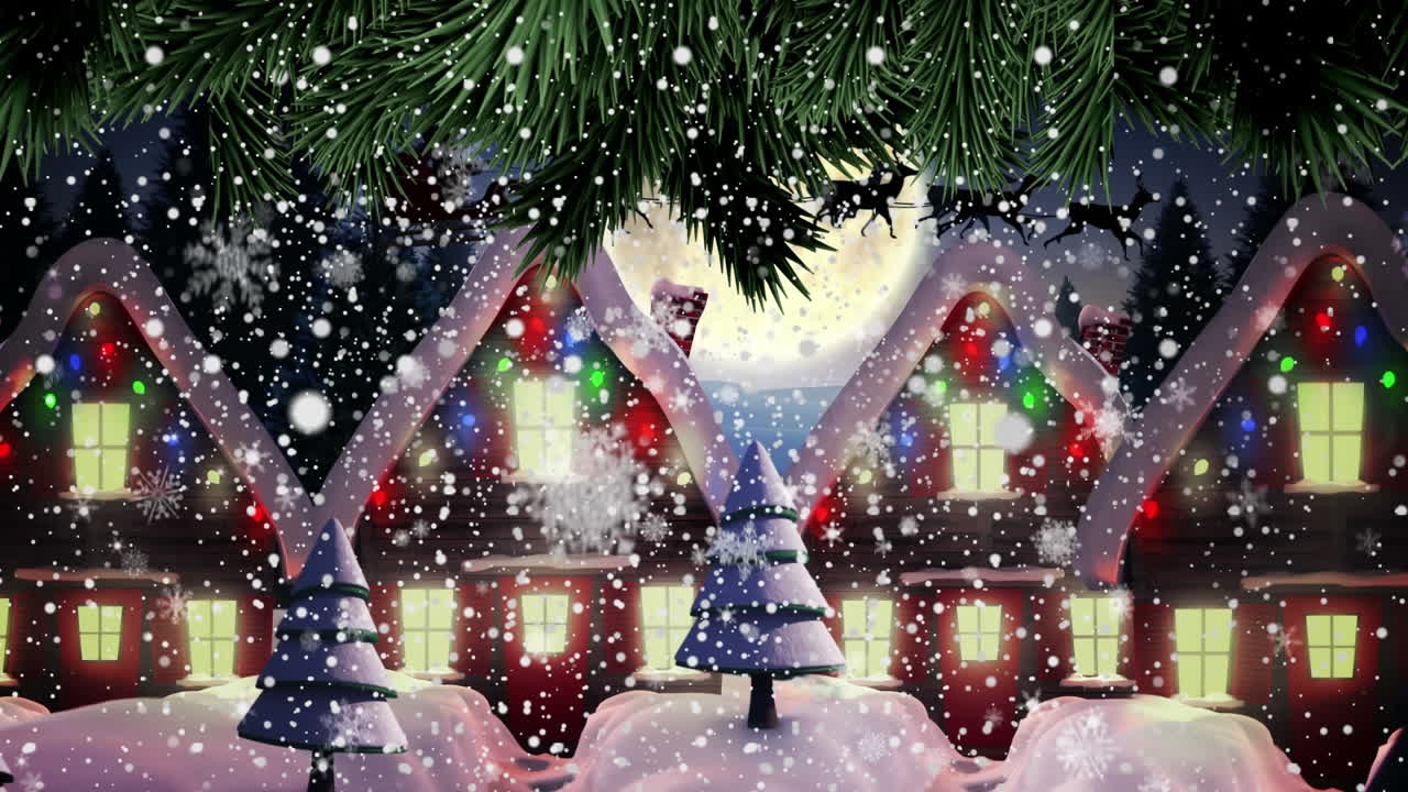 겨울 풍경 과 달 위 에 렌더 와 함께  ⁇ 매 를 타고 있는 산타클로스 의 애니메이션