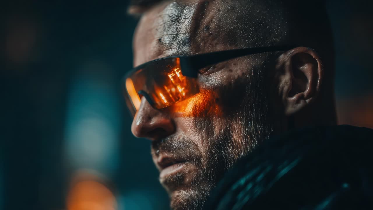 Intense Close-up of a Gritty Character with Futuristic Sunglasses Exuding Determination and Grit Amidst a Darkened Urban Environment
