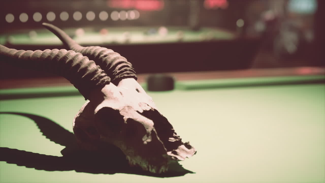 풀 테이블 위 에 있는 안로프 두개골 의 근접 사진