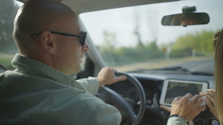 Coppia in auto che discute la mappa su tablet