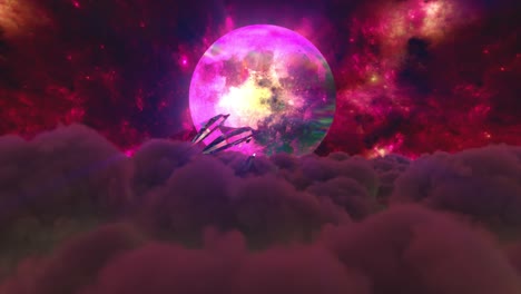 diamond dolphins jump out of the clouds against the backdrop of the moon. red color. 3d animation of seamless loop