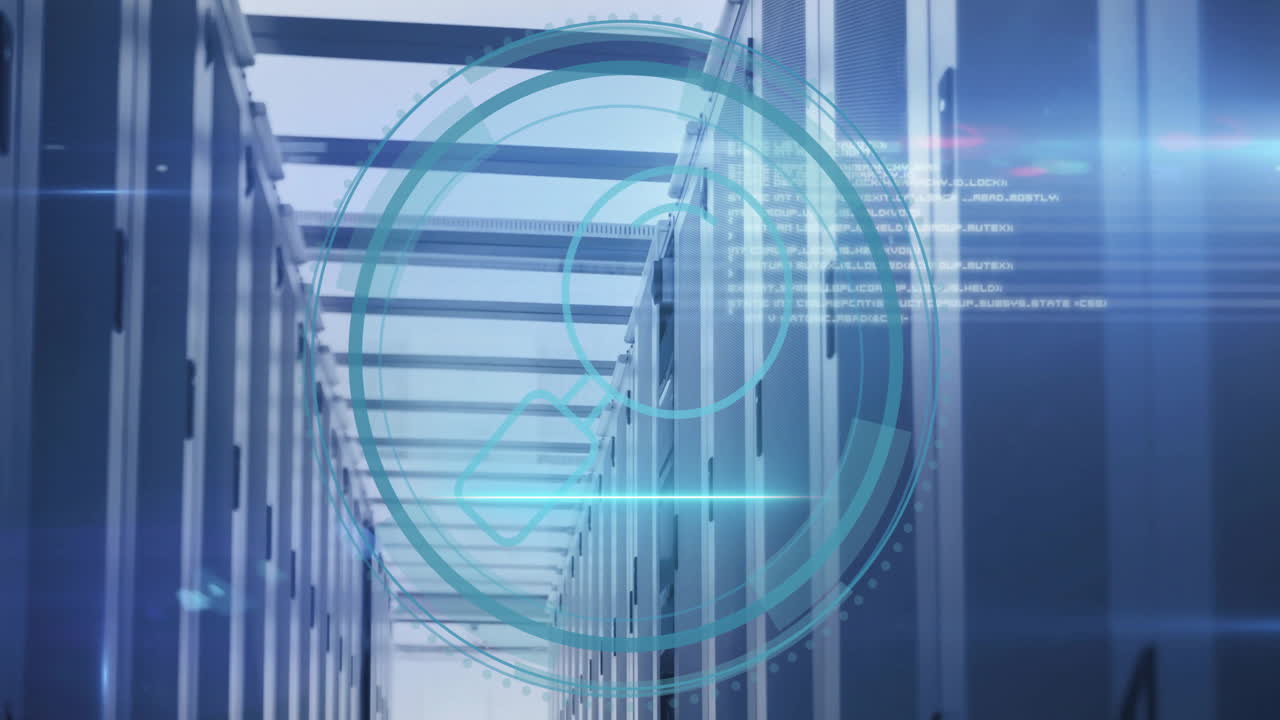 확대 유리 아이콘의 애니메이션과 컴퓨터 서버를 통해 디지털 데이터 처리