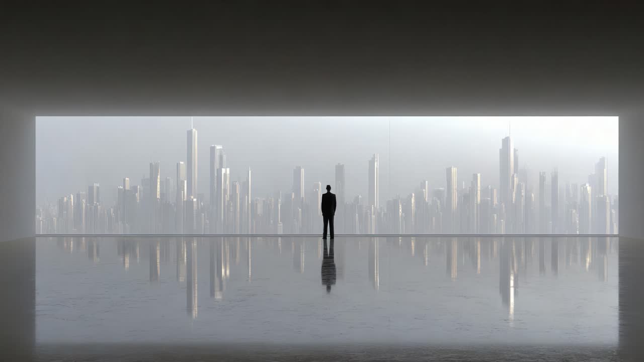A solitary figure stands in a minimalist architecture space, gazing out at a futuristic city skyline through a large, open window, reflecting ambition and dreams