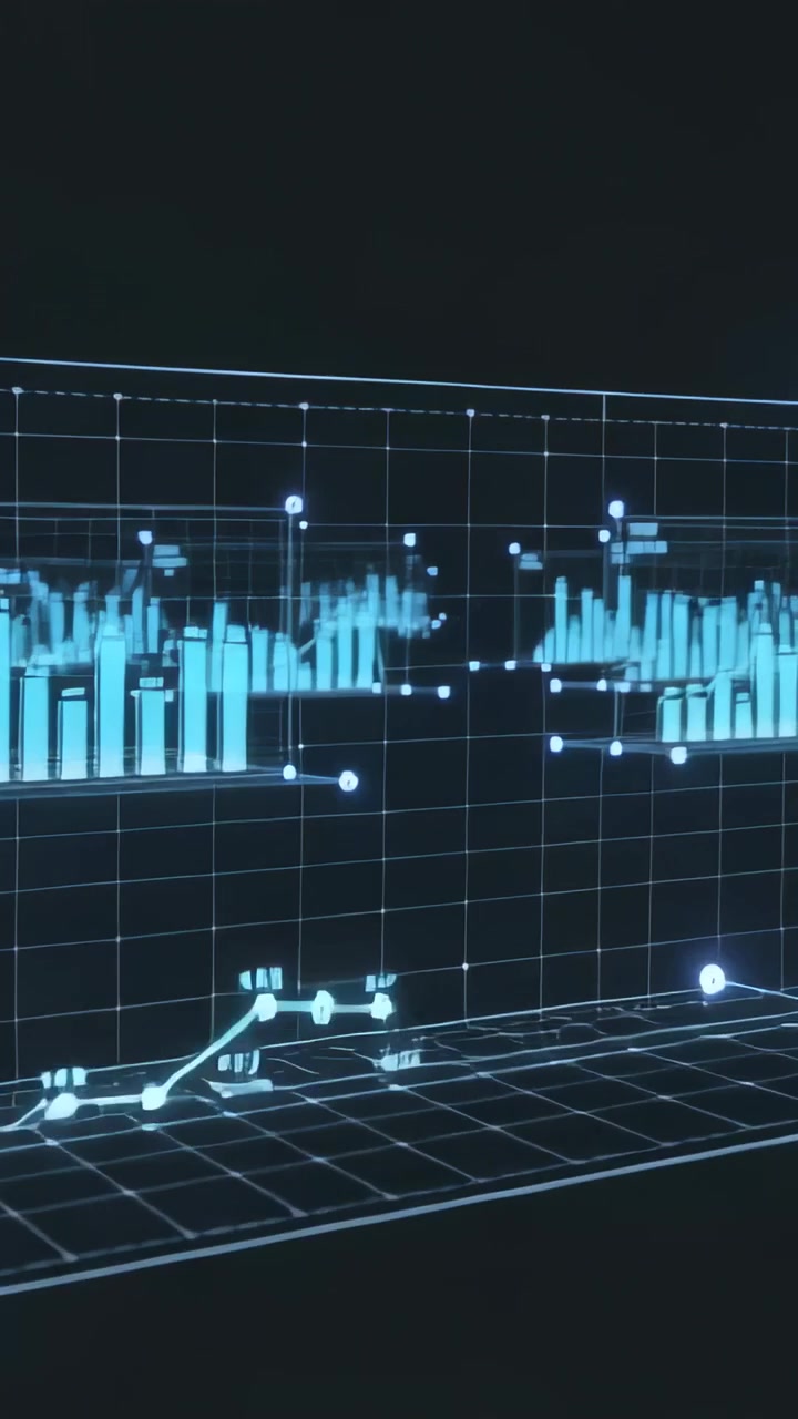 Vertical video: Panning camera over 3D bar charts in dark grid, revealing rising line values