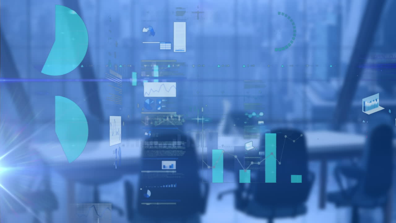 Animation af databehandling med statistik over et tomt kontor på blå baggrund