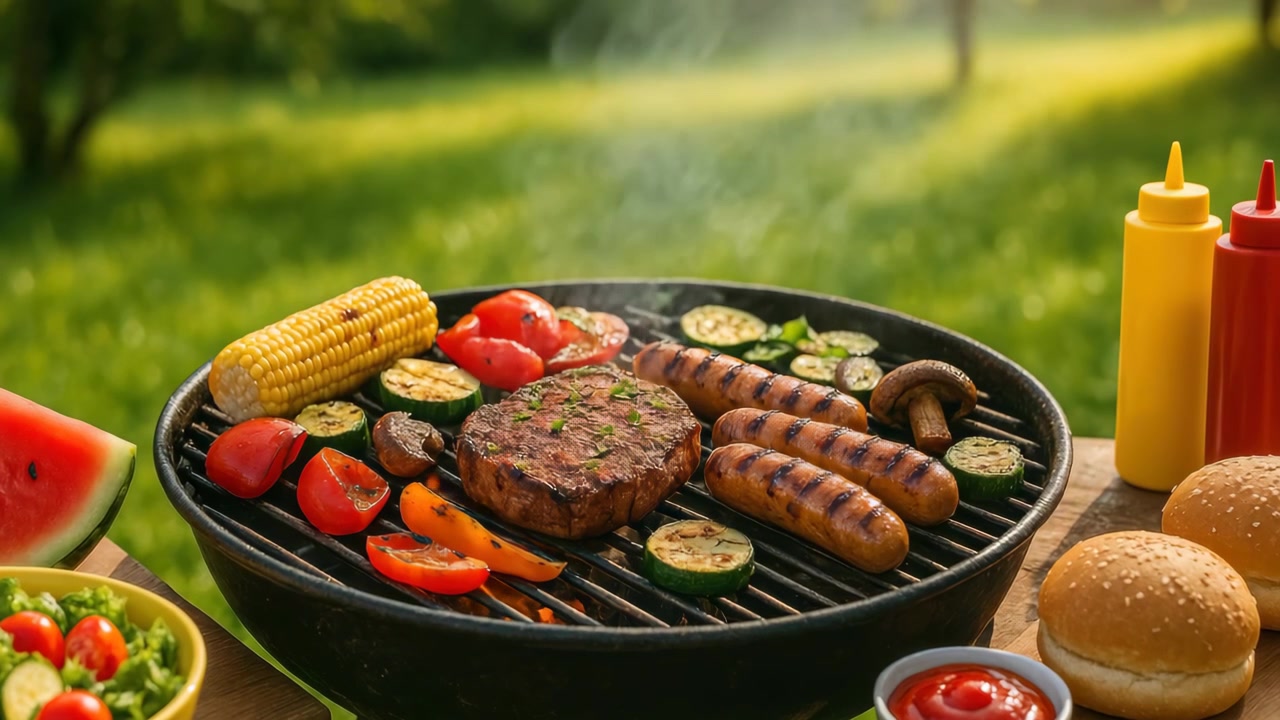 Cibo delizioso che griglia su un barbecue in un giardino estivo