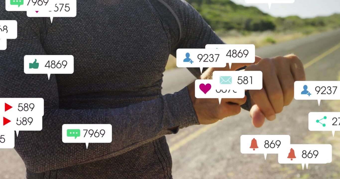 Athlete Checking Smartwatch with Social Media Notifications Overlay