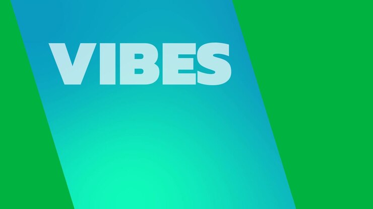 Animation of vibes text in white letters on blue strip on white background