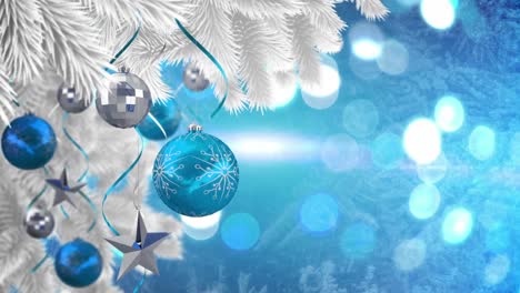 Animation-of-christmas-baubles-decoration-on-christmas-tree-over-glowing-spots-on-blue-background