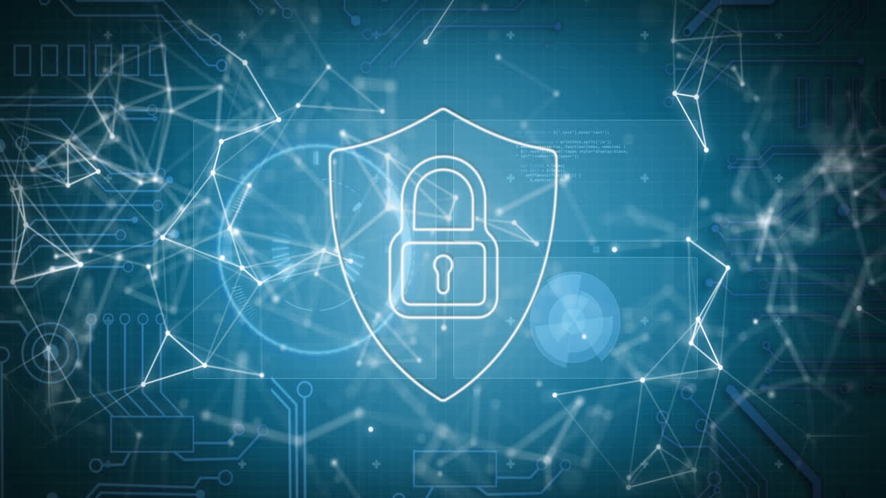 Animation of digital shield with padlock and connections on blue background