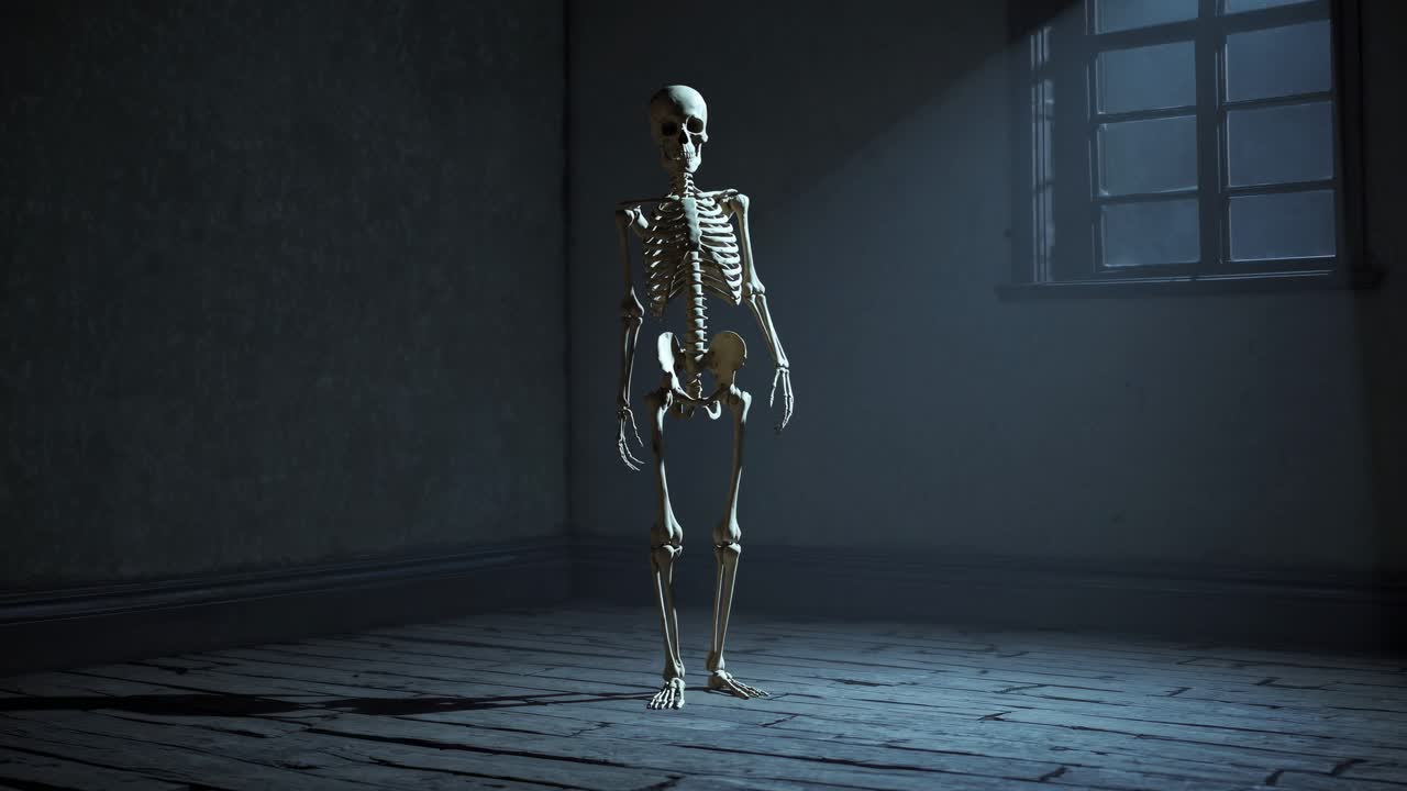 Um quarto com pouca luz e um esqueleto sob um spotlight