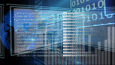 animación del procesamiento de datos y gráficos en pantallas digitales con datos diversos en el espacio digital