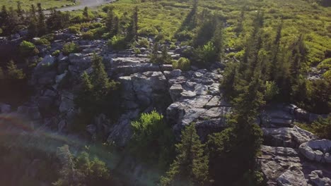 Rocas-Y-Acantilados-En-El-Borde-De-La-Montaña-Con-árboles,-Paralaje-Aéreo,-Césped-Rodante,-Cinemático-4k