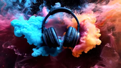 a pair of headphones is in the middle of a colorful explosion of confetti. the headphones are black and the confetti is red, blue, and yellow. concept of excitement and celebration
