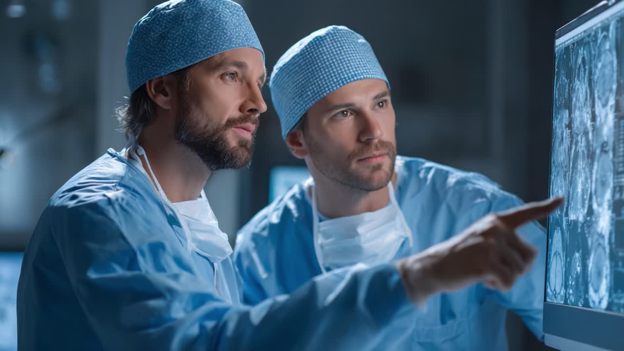 Two Medical Professionals Analyzing Diagnostic Images in a Dimly Lit Hospital Environment, Engaged in a Discussion About Patient Care and Treatment Options