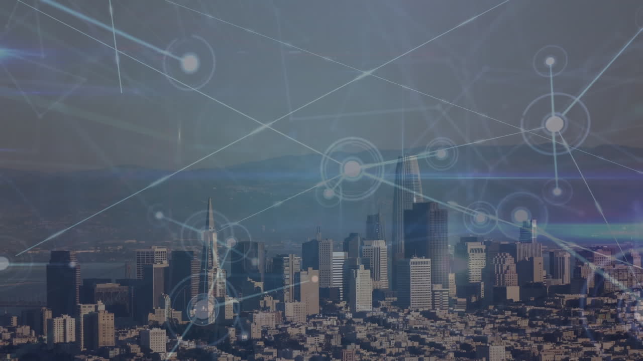 바다와 하늘을 배경으로 마천루가 있는 도시 풍경의 공중 시야에서 연결된 점들의 애니메이션