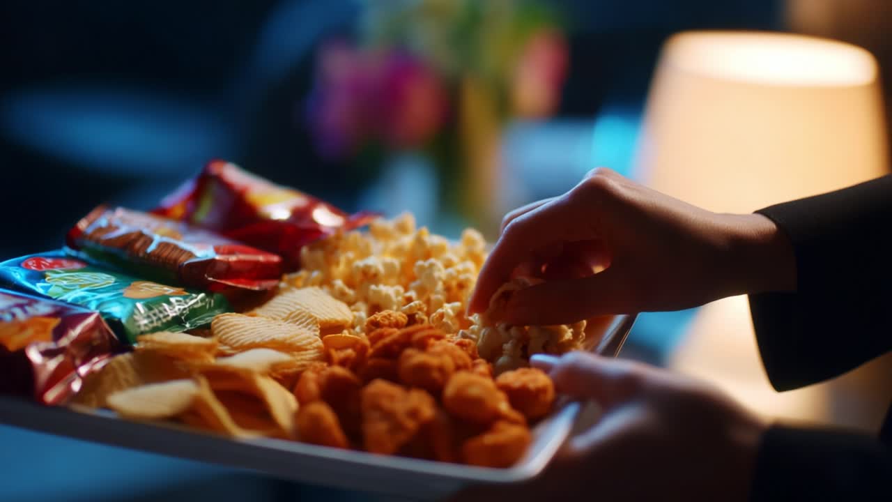 A Close-Up View of a Hand Reaching for Delicious Snacks on a Platter, Featuring a Variety of Treats Including Chips, Popcorn, and Chicken Nuggets, Perfect for Movie Nights or Social Gatherings