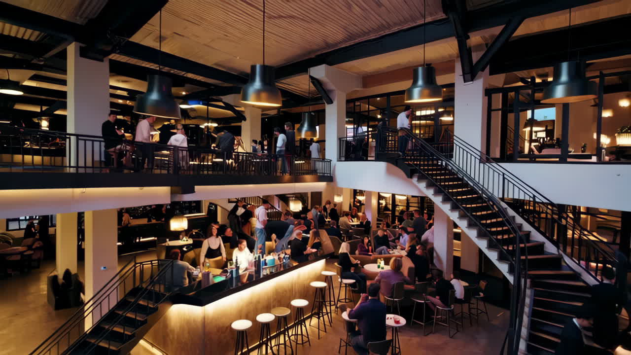 People Socializing in a Lively Multi-Level Bar and Lounge