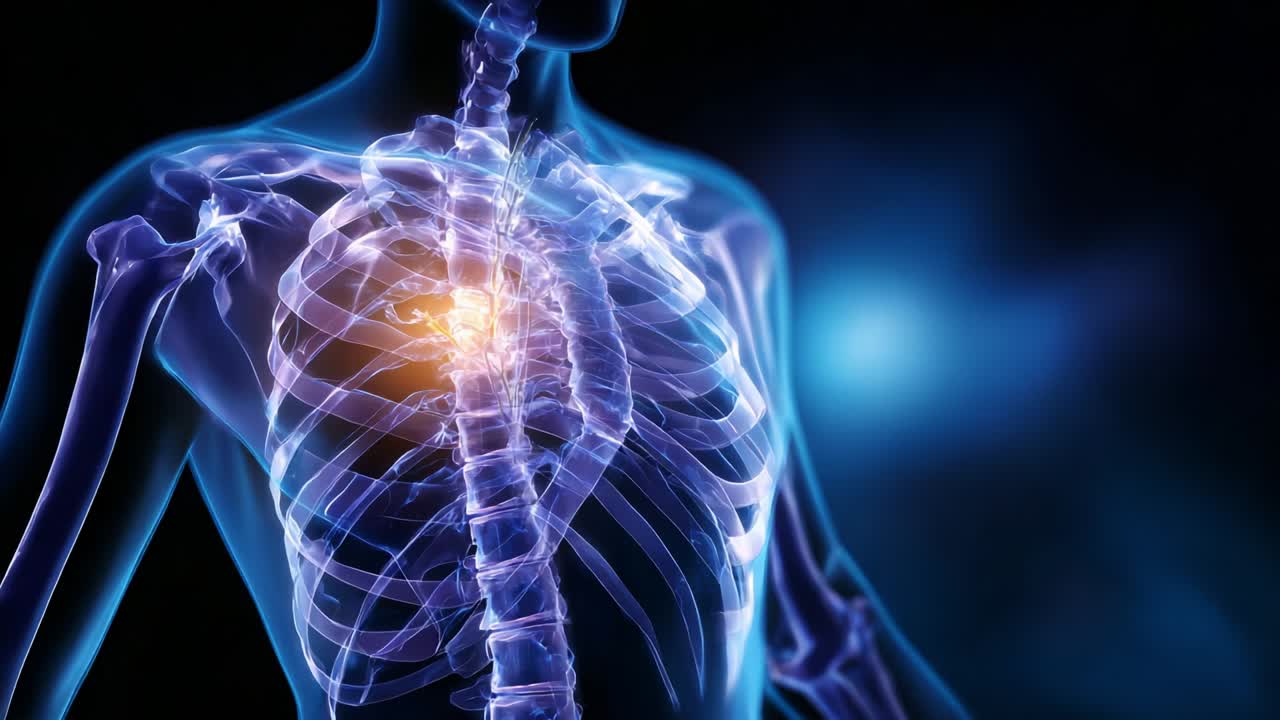 3D X-ray Visualization of the Human Chest Showing Ribcage, Lungs, and Heart in Detail, Illustrating Internal Anatomy, Organs, and Structures for Educational Purposes and Medical Understanding
