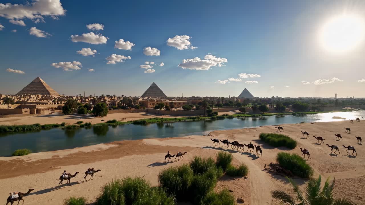 Aerial video shot of camels near the Nile with pyramids in the background