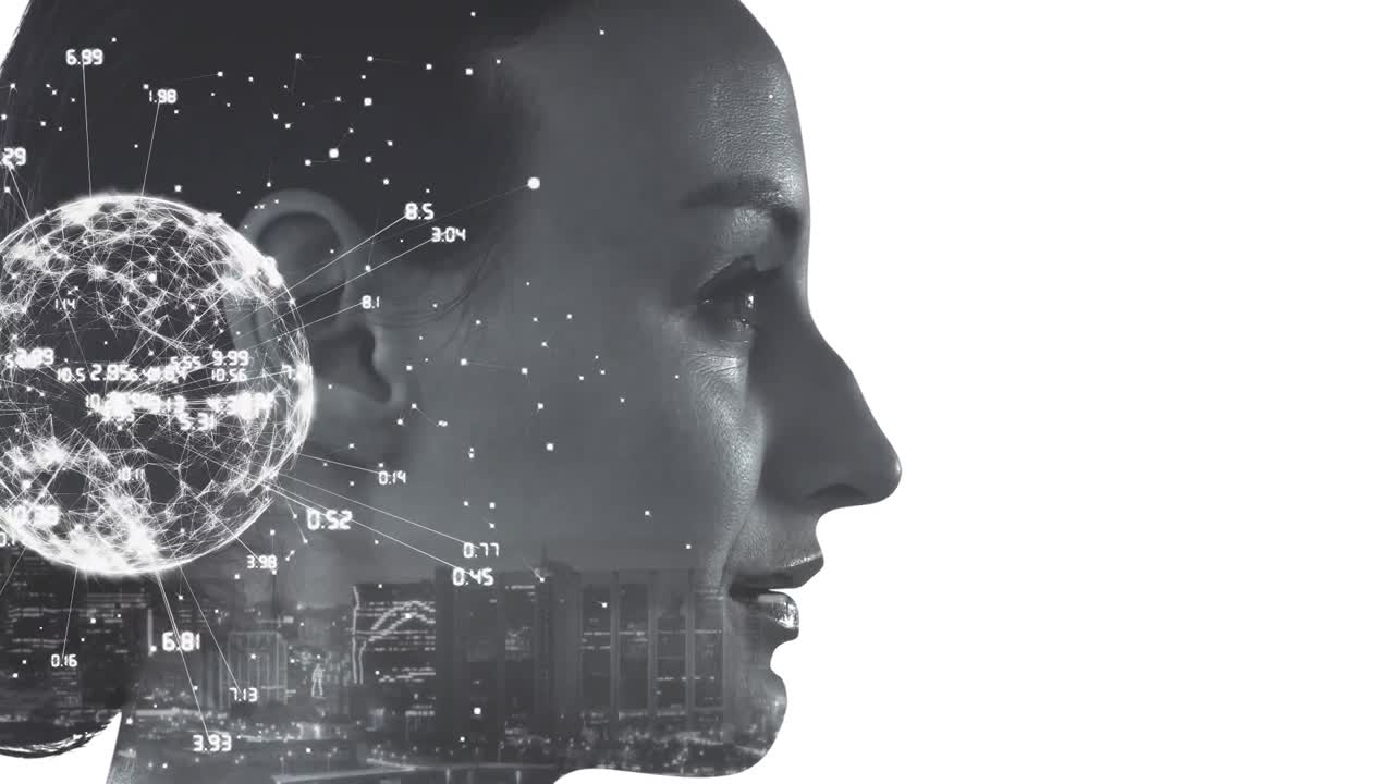 Animation of globe with network of connections over woman face