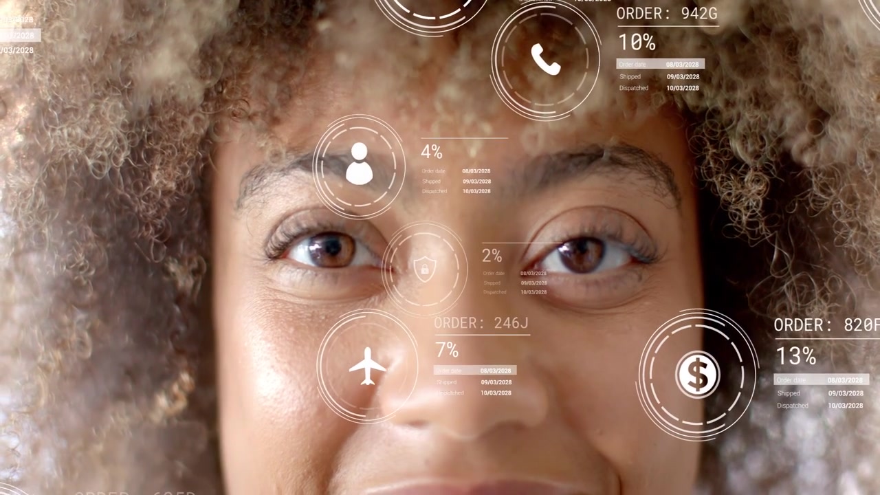 Woman opening eyes, activating HUD UI expanding with package, chart, phone icons for tech scanning