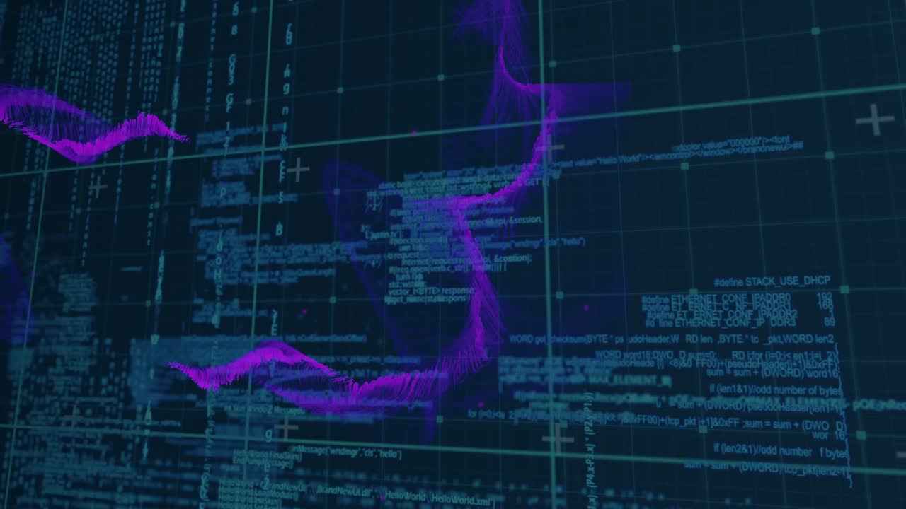 Animation of waves over data processing on black background